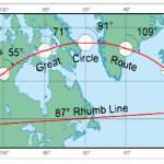 Rhumb line and Great Circle path on Mercator map